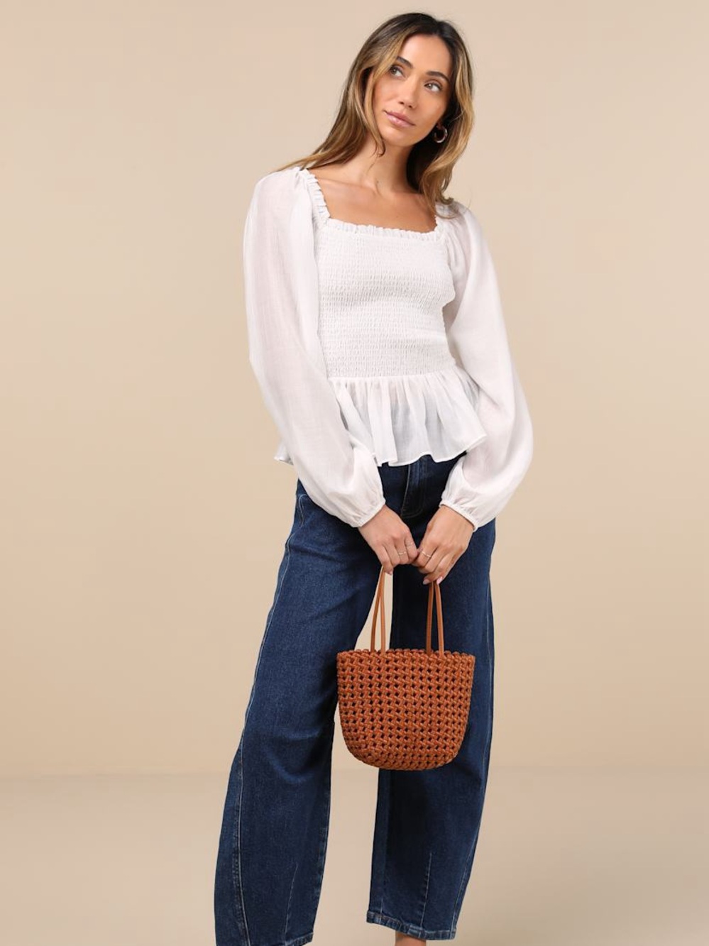 Lulus Feeling‎ Angelic Ivory Balloon Sleeve Smocked Peplum Top NWT